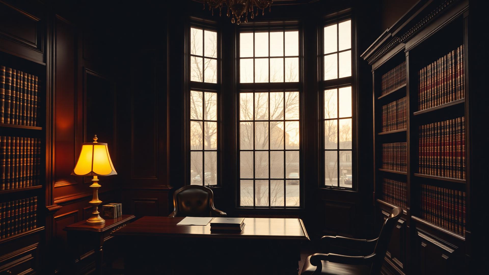 The panelled library of Harrington & Vale at dusk